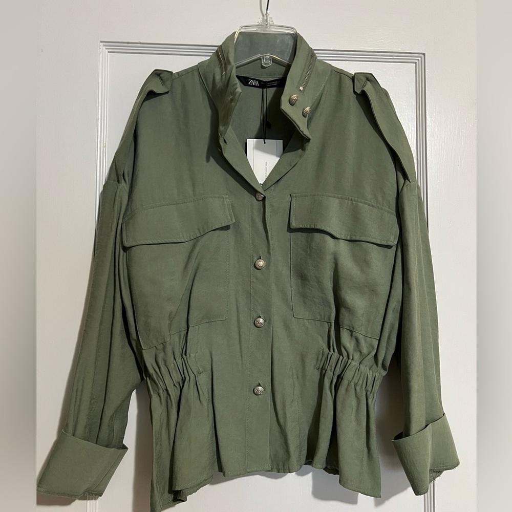 NWT Zara Ruched Waist Military Utility Lightweight Jacket Green Extra Small XS